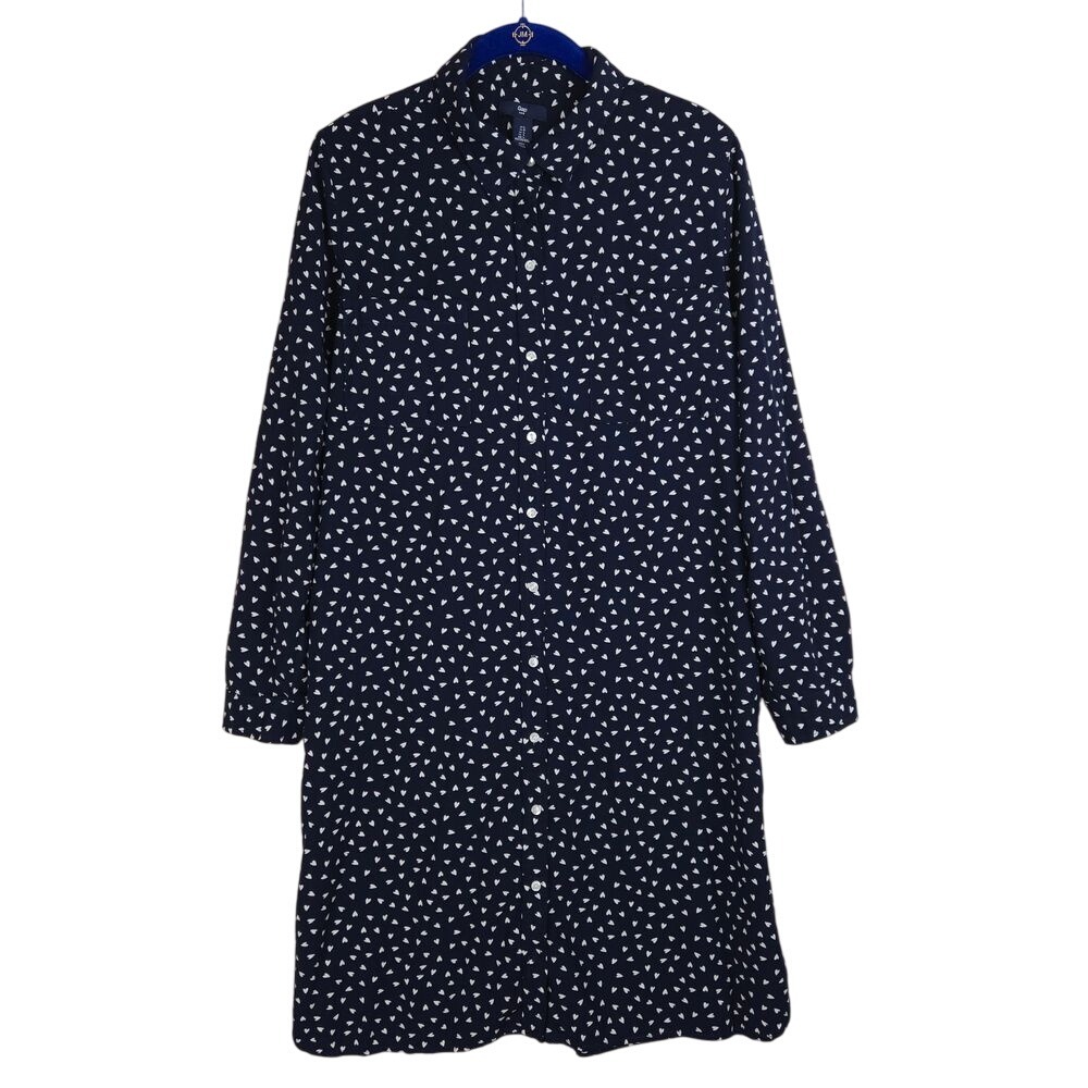 Gap Women Shirt Dress Size Large Buttons Hearts Navy White Feminine Boho Cottage